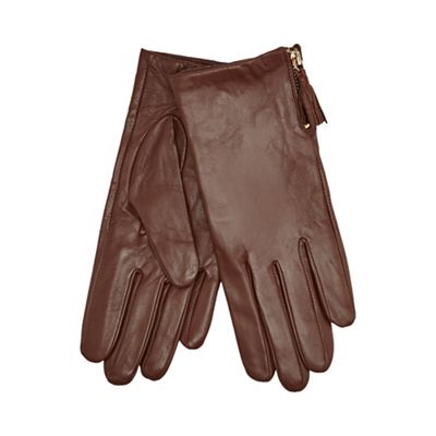 Brown tassel detailed leather gloves